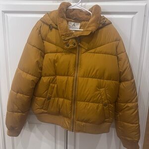 Aeropostale Gold Down Puffer Jacket Coat Women's Size XL Yellow Fur with Hood
